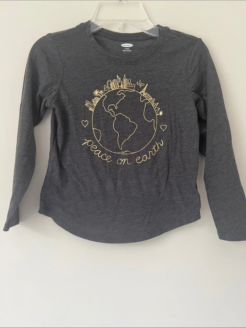 Old Navy Charcoal Long-Sleeve Tee with Gold 'Peace on Earth' Globe Graphic